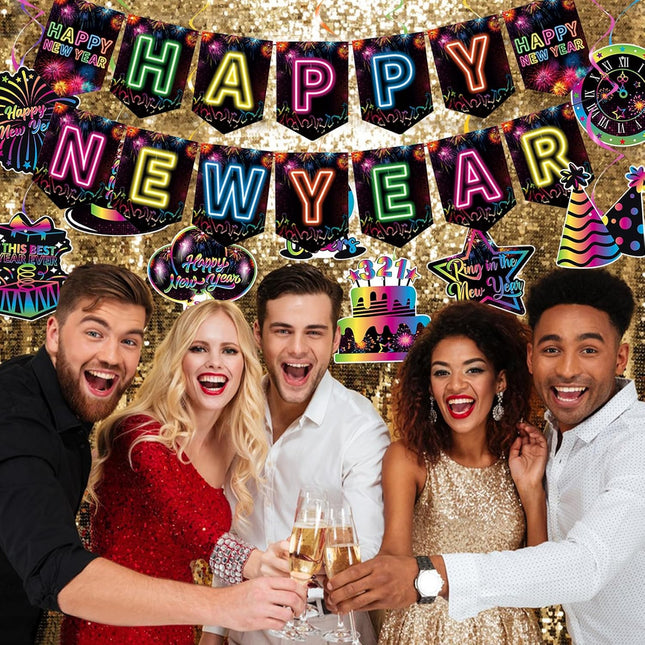 Happy New Year 2026 Decorations – Colorful Banner & Hanging Swirls Party Set