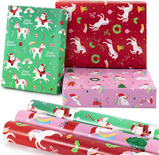 3PCS Festive Unicorn Wrapping Paper – Magical Christmas Gift Wrap for Kids
