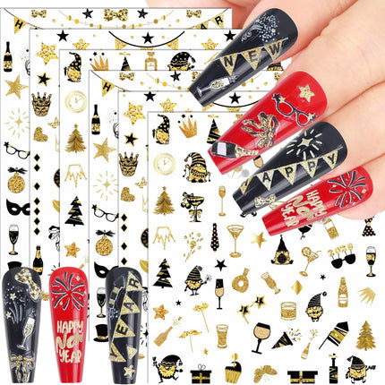 6 PCS New Year 2025 Nail Decals Glitter Gold Fireworks Manicure Stickers