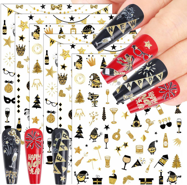6 PCS New Year 2025 Nail Decals Glitter Gold Fireworks Manicure Stickers