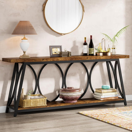 Rustic Brown Console Table, 2-Tier Storage, Narrow Entryway Sofa Table