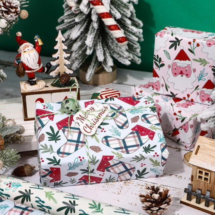 3 Rolls Cute Christmas Wrapping Paper – Pink Santa & Holiday Socks, 17x120 Inch