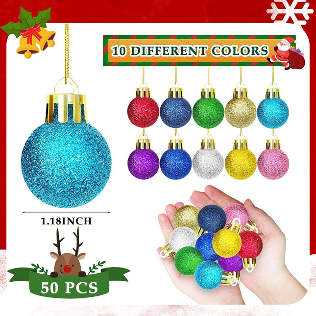 50PCS Mini Christmas Ball Ornaments – 1.18" Colorful Glitter Xmas Decorations