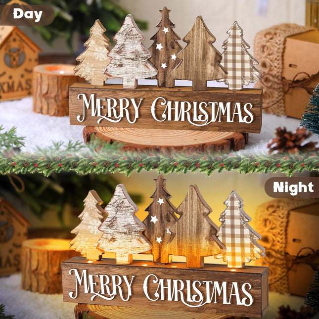 Rustic Lighted Wooden Christmas Tree Decor, Perfect Xmas Table & Office Centerpiece