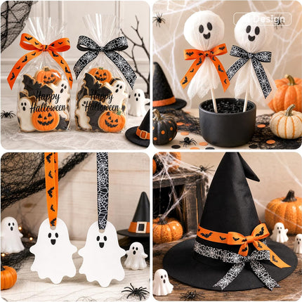 2-Roll Halloween Grosgrain Ribbon 3/8in x 20 Yards, Bat & Spider Web Print