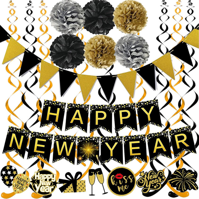 New Year Decorations Banner Pom Poms Triangle Flag Garland Set