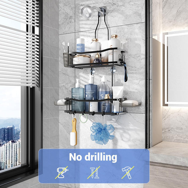 Rustproof Stainless Steel Hanging Shower Caddy with 2 Tiers, 14 Hooks and Soap Holders