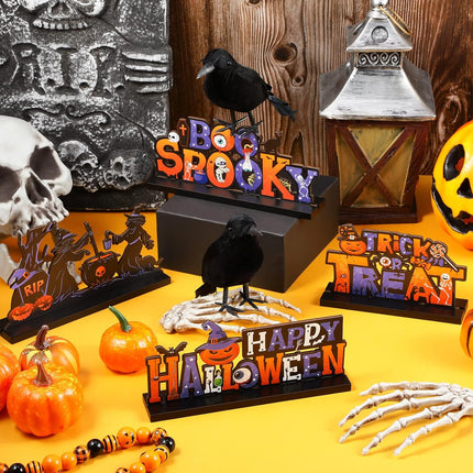4-Piece Halloween Wooden Table Signs, BOO Trick or Treat Pumpkin Witch Centerpieces