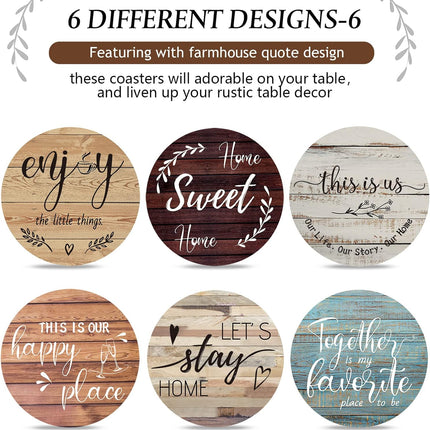 New Home Gift Coaster Set – 6 Wooden Farmhouse Drink Coasters