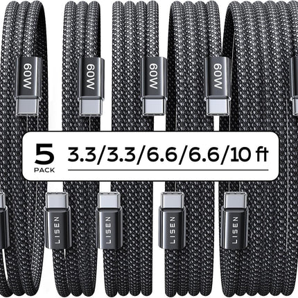 USB C to USB C Cable 5-Pack [3.3/6.6/10FT], 60W Fast Charging for iPhone & Galaxy