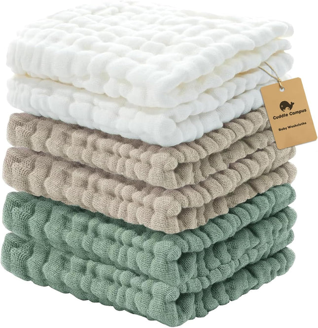 6-Pack Muslin Baby Washcloths, 100% Cotton, Soft Absorbent Burp & Bath Cloths, 12x12"