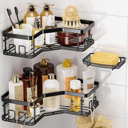 3-Pack Corner Shower Caddy – Stainless Steel, No Drill, Holds 40 lbs, Black