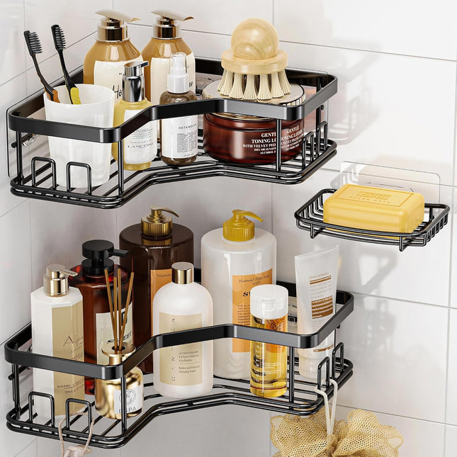 3-Pack Corner Shower Caddy – Stainless Steel, No Drill, Holds 40 lbs, Black