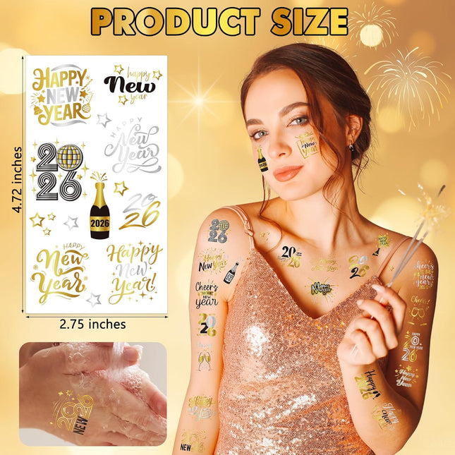 12-Pc Glitter NYE Tattoos – 135 Styles Black, Gold & Silver Party Supplies