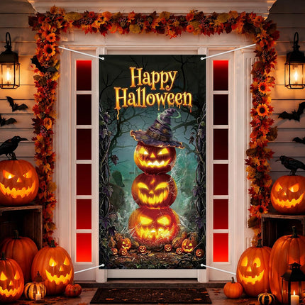 71x35in Happy Halloween Pumpkin Stack Door Cover, Glowing Jack-O-Lantern Decor