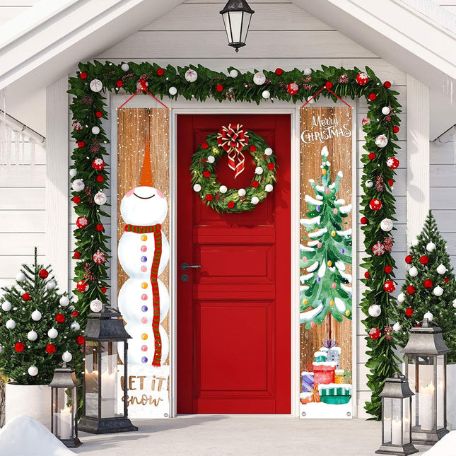 Merry Christmas Porch Sign – Snowman & Xmas Tree Hanging Banner for Holiday Door Décor