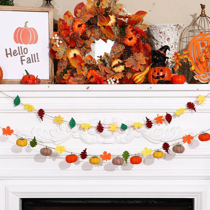 Felt Pumpkin Garland 2PCS – Fall Maple Leaves Decoration for Halloween & Thanksgiving