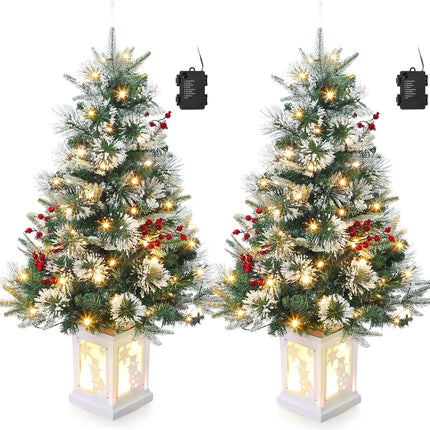 2PCS 3FT Prelit Flocked Snowman Trees with Warm White LEDs, Indoor/Outdoor