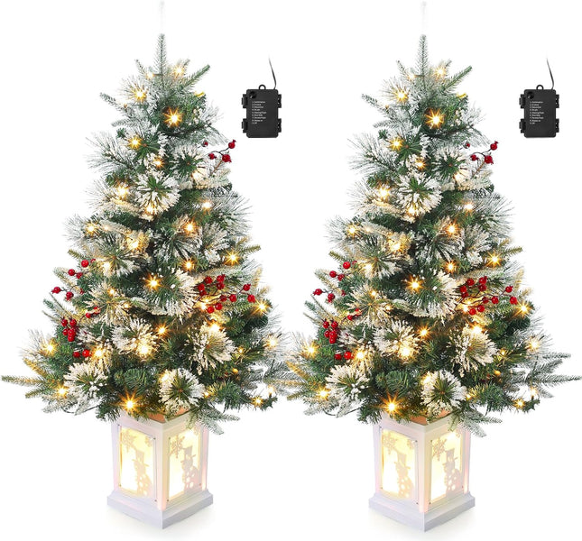2PCS 3FT Prelit Flocked Snowman Trees with Warm White LEDs, Indoor/Outdoor