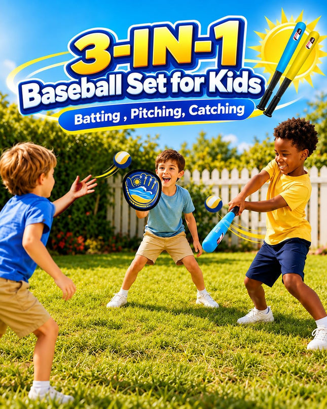 Kids Baseball Toss and Catch Set, 4 Sticky Gloves, 4 Balls, 2 Bats & Carry Bag