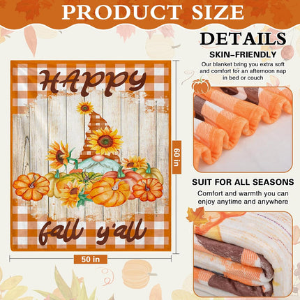 Soft Fall Throw Blanket 50x60, Pumpkin & Gnome Design for Couch Sofa or Travel