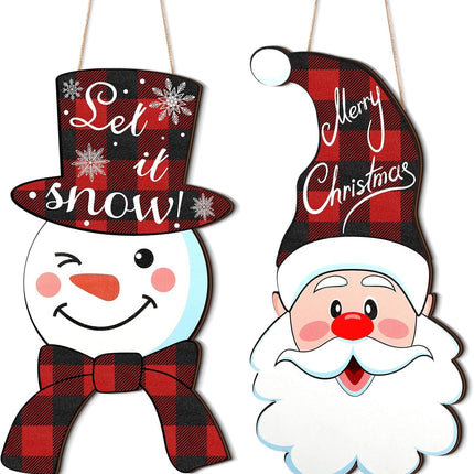 2PCS Christmas Hanging Door Signs, Santa Claus, Snowman & Xmas Tree Wooden Decorations
