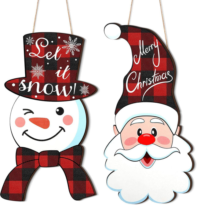2PCS Christmas Hanging Door Signs, Santa Claus, Snowman & Xmas Tree Wooden Decorations