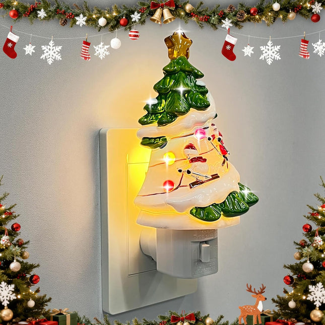 Christmas Night Light Plug into Wall – 120V Christmas Tree with Snowman & Santa Design