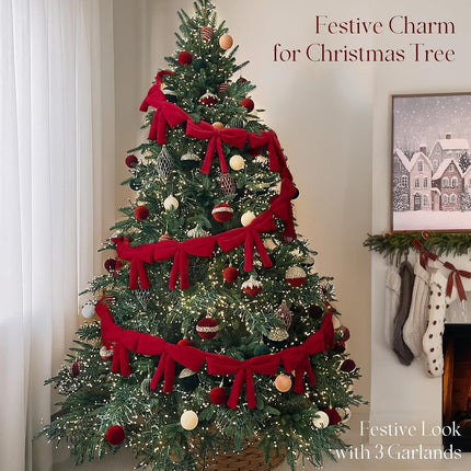6 Ft Xmas Garland with Red Velvet Bows – Mantel, Door & Living Room Decor