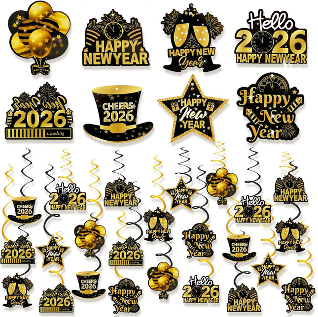 Happy New Year 2026 Party Decorations – 32-Pc Hanging Home & Office Set