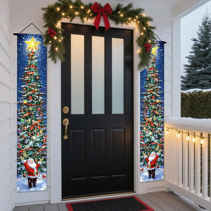 Christmas Door Banner Set – Snowy Tree & Santa Porch Decorations for Home & Yard