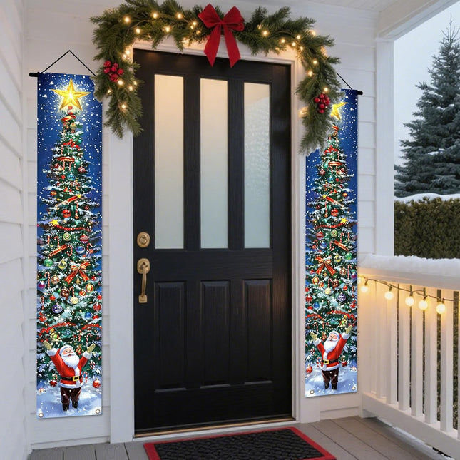 Christmas Door Banner Set – Snowy Tree & Santa Porch Decorations for Home & Yard