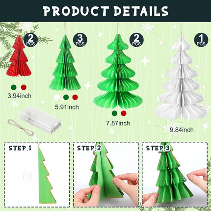 8PCS Honeycomb Paper Christmas Trees with LED Light Strings Table Decor