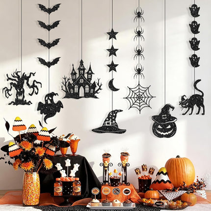 Glitter Black Halloween Garland, Witch Hat Ghost Pumpkin Bat Spider Hanging Banner