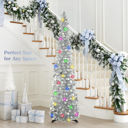 5FT Silver Christmas Pop-Up Tree LED Lights, Timer, Glitter Pencil Tree Decor