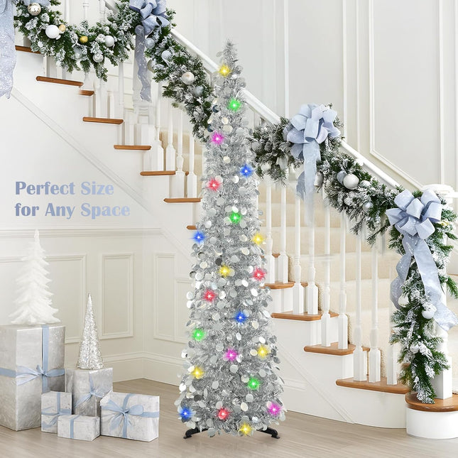 5FT Silver Christmas Pop-Up Tree LED Lights, Timer, Glitter Pencil Tree Decor