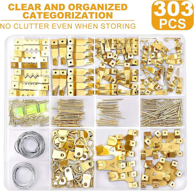 303-Piece Picture Hanging Kit – Heavy Duty Hooks, Nails, Wire, D-Rings & Level