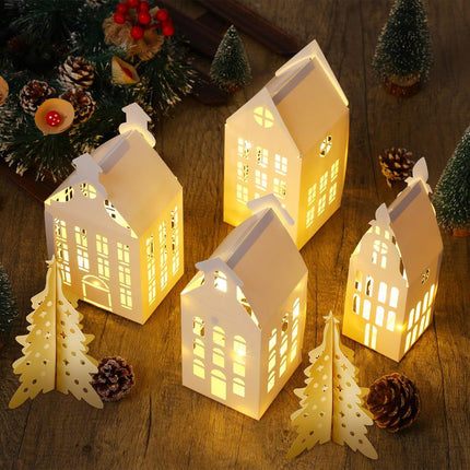 10PCS Lighted Xmas Village Houses – 3D Winter Paper Decoration Set