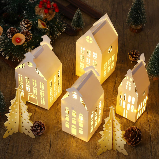 10PCS Lighted Xmas Village Houses – 3D Winter Paper Decoration Set