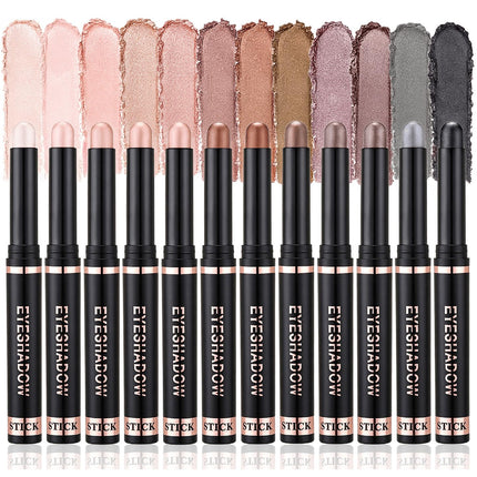 12-Color Shimmer Eyeshadow Stick Set, Waterproof Cream Eye Shadow Pens, Long-Lasting