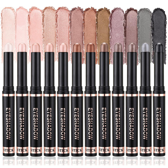 12-Color Shimmer Eyeshadow Stick Set, Waterproof Cream Eye Shadow Pens, Long-Lasting