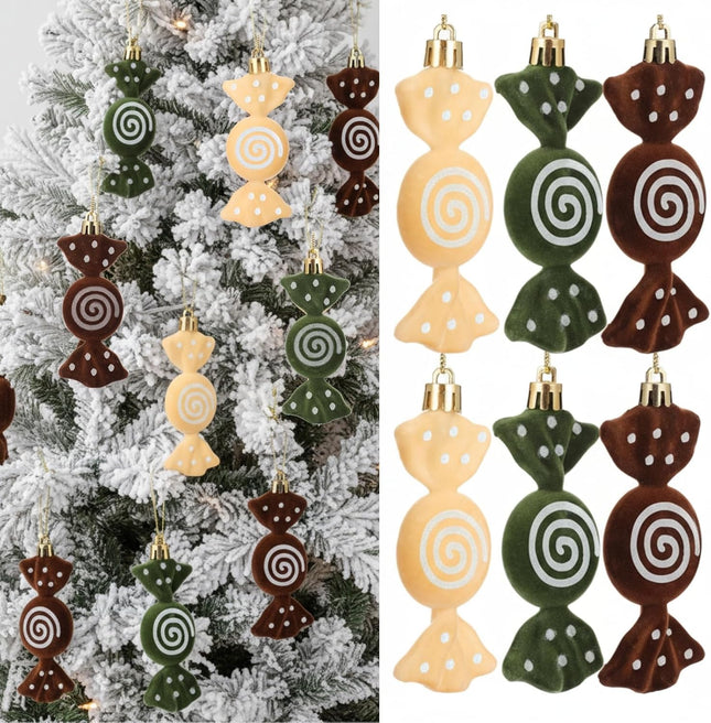 12PCS Christmas Tree Velvet Candy Ornaments – Flocked Glitter Hanging Decor