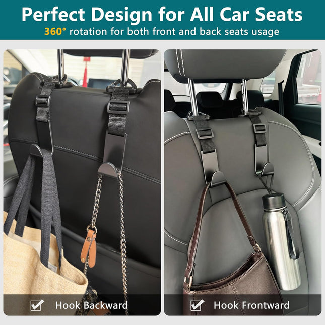 4 Pack Car Headrest Hooks, Adjustable Anti-Drop Seat Organizer, Heavy Duty Black