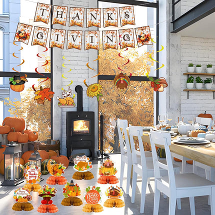 Thanksgiving Party Banner with 9 Harvest Centerpieces, Indoor Fall Decorations