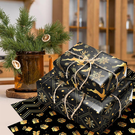12 Sheets Christmas Wrapping Paper – 20x27" Black Gift Wrap for DIY Crafts