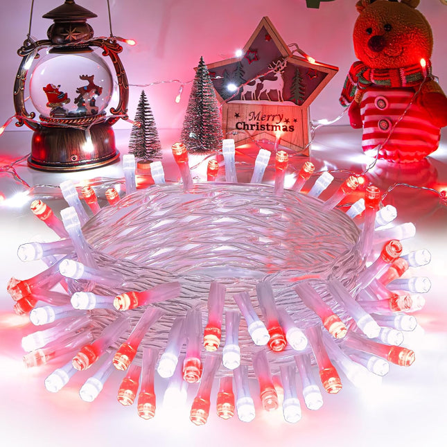 Red White Xmas String Lights – Waterproof Battery Operated Holiday Decor