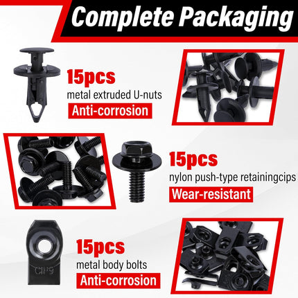 45PCS Engine Splash Shield & Fender Liner Retainer Clips, Bolts & Screws, Black