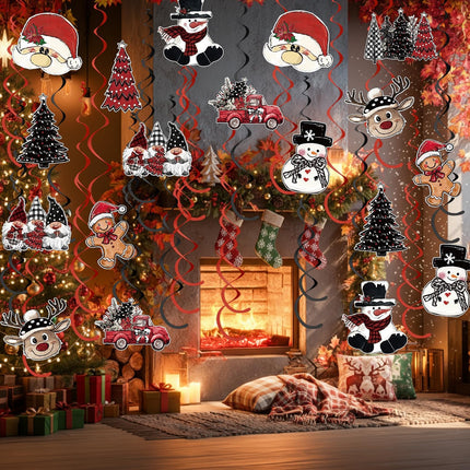 30PCS Christmas Hanging Swirls – Tree, Santa, Snowman & Gnome Party Decorations