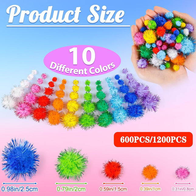 1200 Pcs Glitter Pom Poms for Crafts, 5 Sizes 10 Colors Fluffy Balls for DIY Projects