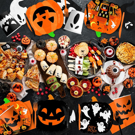 Halloween Party Tableware Set, Pumpkin Ghost Paper Plates, Cups & Napkins